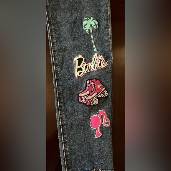 Barbie Graphic girls blue jeans size 14 patches frayed ankle - Picture 5 of 9